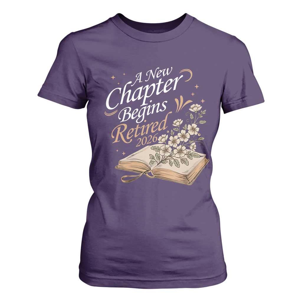 A New Chapter Begins Retired 2026 T Shirt For Women Retired Teacher Floral Book TS11 Purple Print Your Wear
