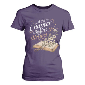 A New Chapter Begins Retired 2026 T Shirt For Women Retired Teacher Floral Book TS11 Purple Print Your Wear