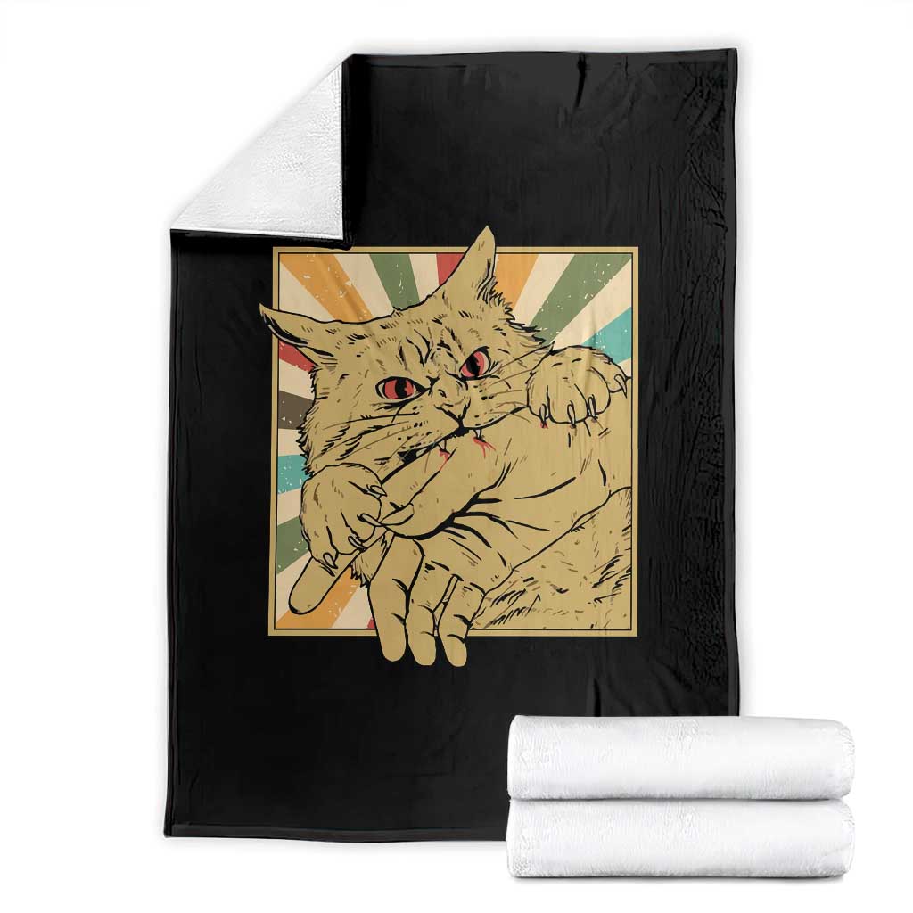 Funny Cat Bite Horror Anime Crazy Kitten Japanese Throw Blanket - Print Your Wear