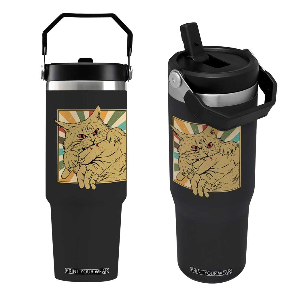 Funny Cat Bite Horror Anime Crazy Kitten Japanese Flip Straw Tumbler TS11 One Size: 30 oz Black Print Your Wear