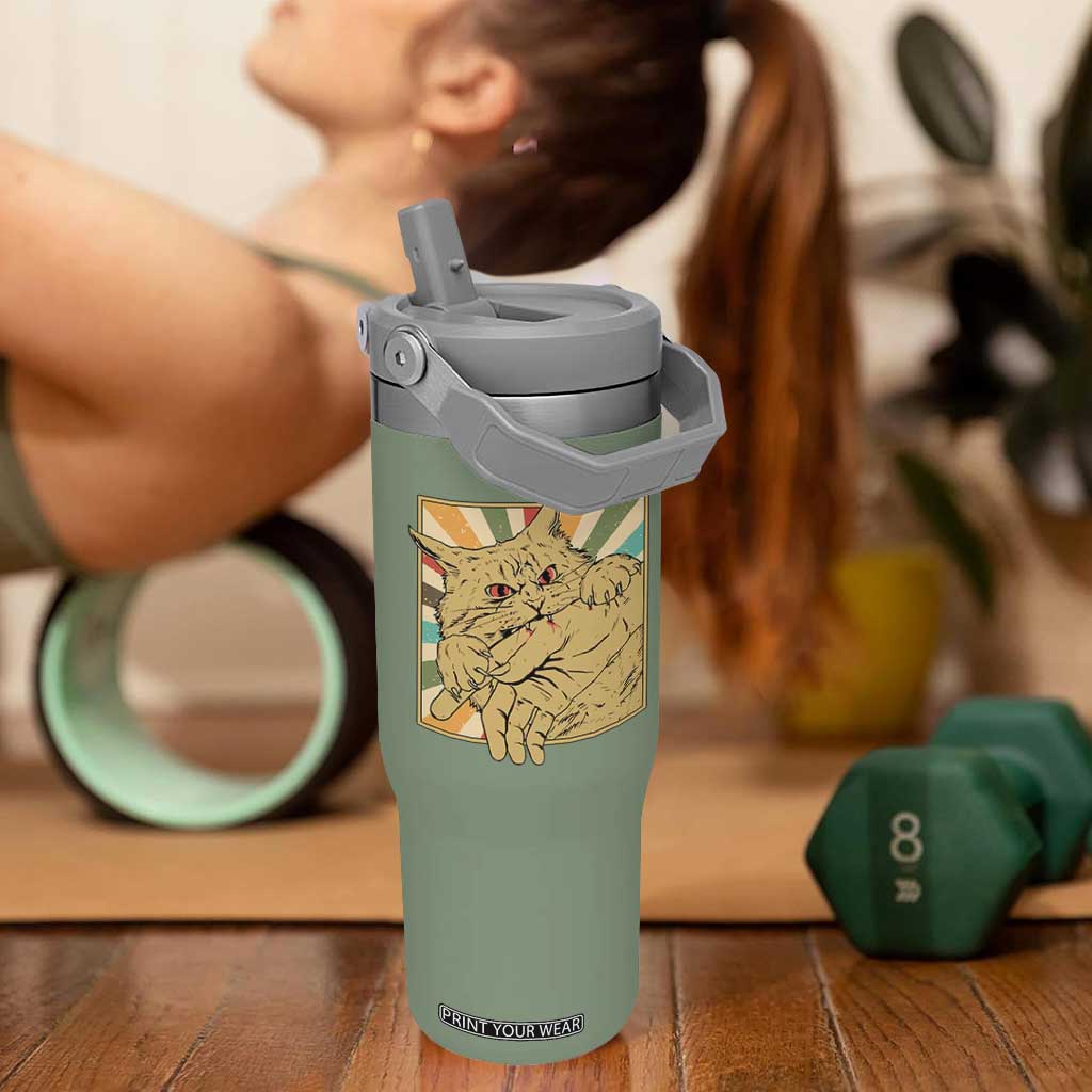 Funny Cat Bite Horror Anime Crazy Kitten Japanese Flip Straw Tumbler TS11 One Size: 30 oz Moss Green Print Your Wear