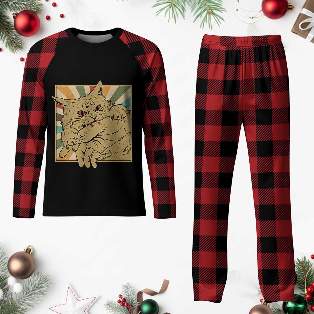 Funny Cat Bite Horror Anime Crazy Kitten Japanese Plaid Pajama Set TS11 Buffalo Plaid Print Your Wear