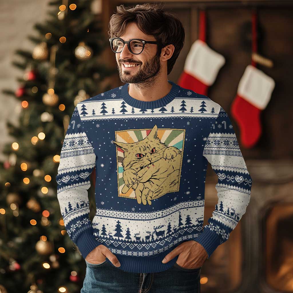 Funny Cat Bite Horror Anime Crazy Kitten Japanese Ugly Christmas Sweater TS11 Navy Beige Print Your Wear