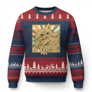 Funny Cat Bite Horror Anime Crazy Kitten Japanese Ugly Christmas Sweater TS11 Navy Red Print Your Wear