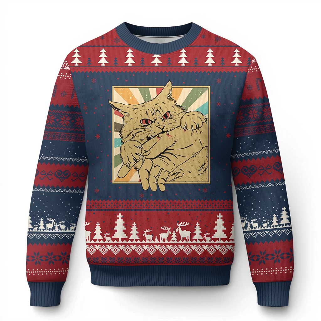 Funny Cat Bite Horror Anime Crazy Kitten Japanese Ugly Christmas Sweater TS11 Navy Red Print Your Wear