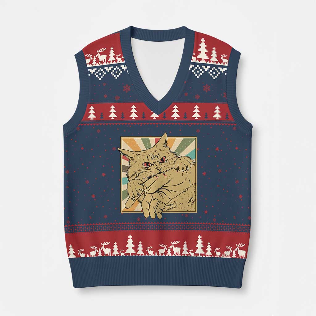 Funny Cat Bite Horror Anime Crazy Kitten Japanese V-Neck Knit Sweater Vest TS11 Navy Red Print Your Wear