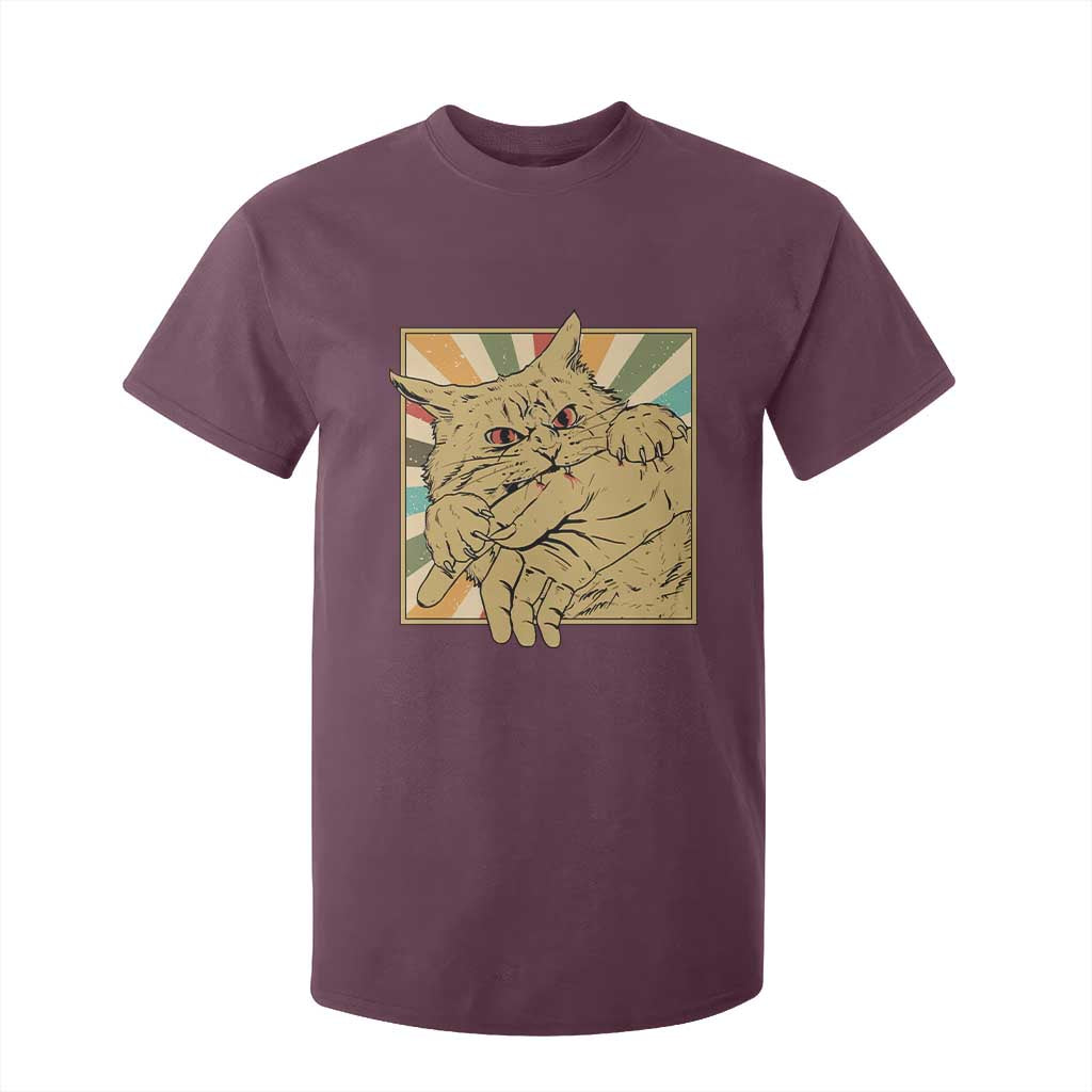 Funny Cat Bite Horror Anime Crazy Kitten Japanese T Shirt For Kid TS11 Maroon Print Your Wear