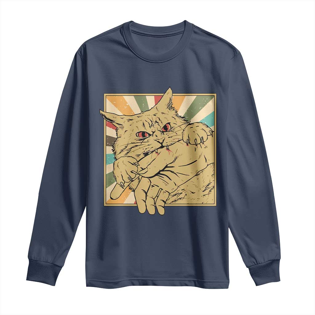 Funny Cat Bite Horror Anime Crazy Kitten Japanese Long Sleeve Shirt TS11 Navy Print Your Wear