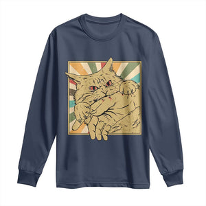 Funny Cat Bite Horror Anime Crazy Kitten Japanese Long Sleeve Shirt TS11 Navy Print Your Wear