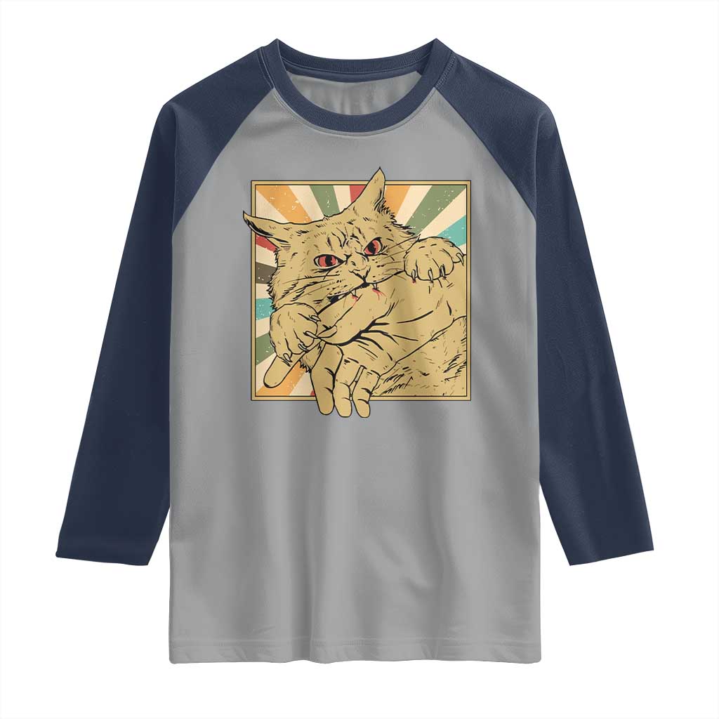 Funny Cat Bite Horror Anime Crazy Kitten Japanese Raglan Shirt TS11 Sport Gray Navy Print Your Wear