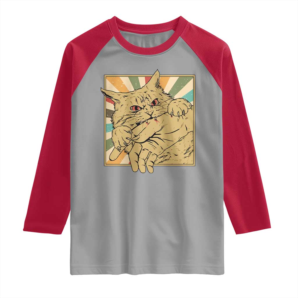 Funny Cat Bite Horror Anime Crazy Kitten Japanese Raglan Shirt TS11 Sport Gray Red Print Your Wear