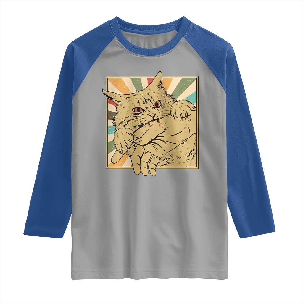 Funny Cat Bite Horror Anime Crazy Kitten Japanese Raglan Shirt TS11 Sport Gray Royal Print Your Wear