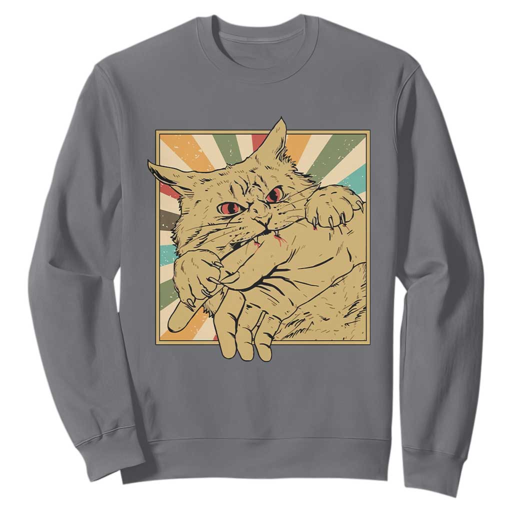Funny Cat Bite Horror Anime Crazy Kitten Japanese Sweatshirt TS11 Charcoal Print Your Wear
