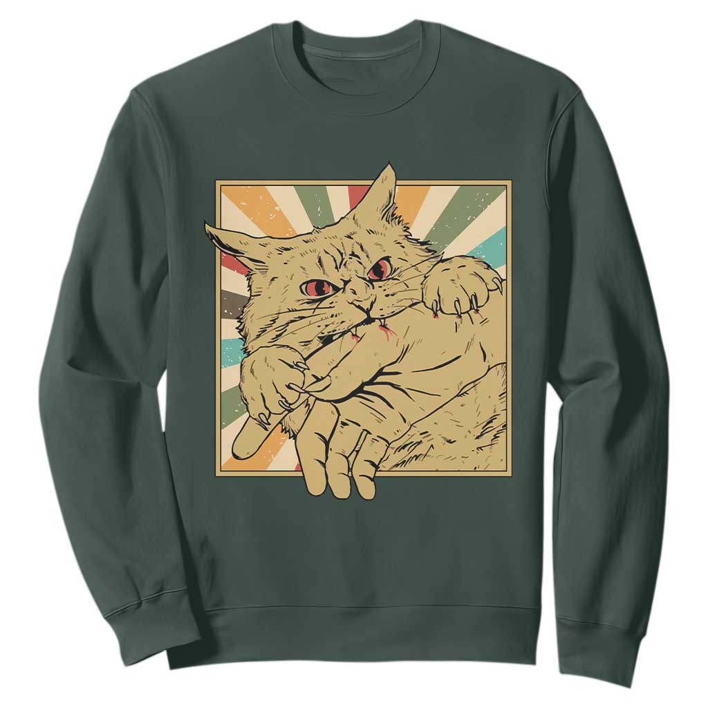 Funny Cat Bite Horror Anime Crazy Kitten Japanese Sweatshirt TS11 Dark Forest Green Print Your Wear