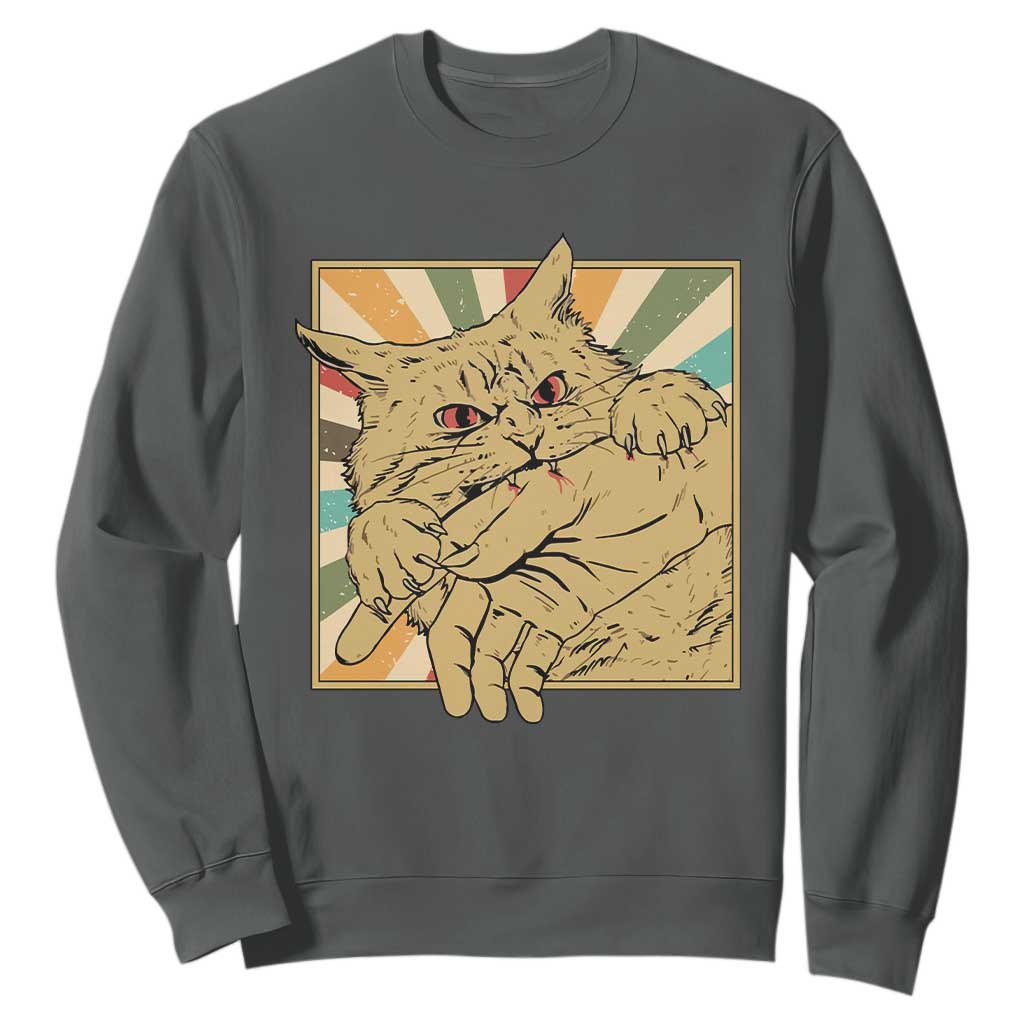 Funny Cat Bite Horror Anime Crazy Kitten Japanese Sweatshirt TS11 Dark Heather Print Your Wear