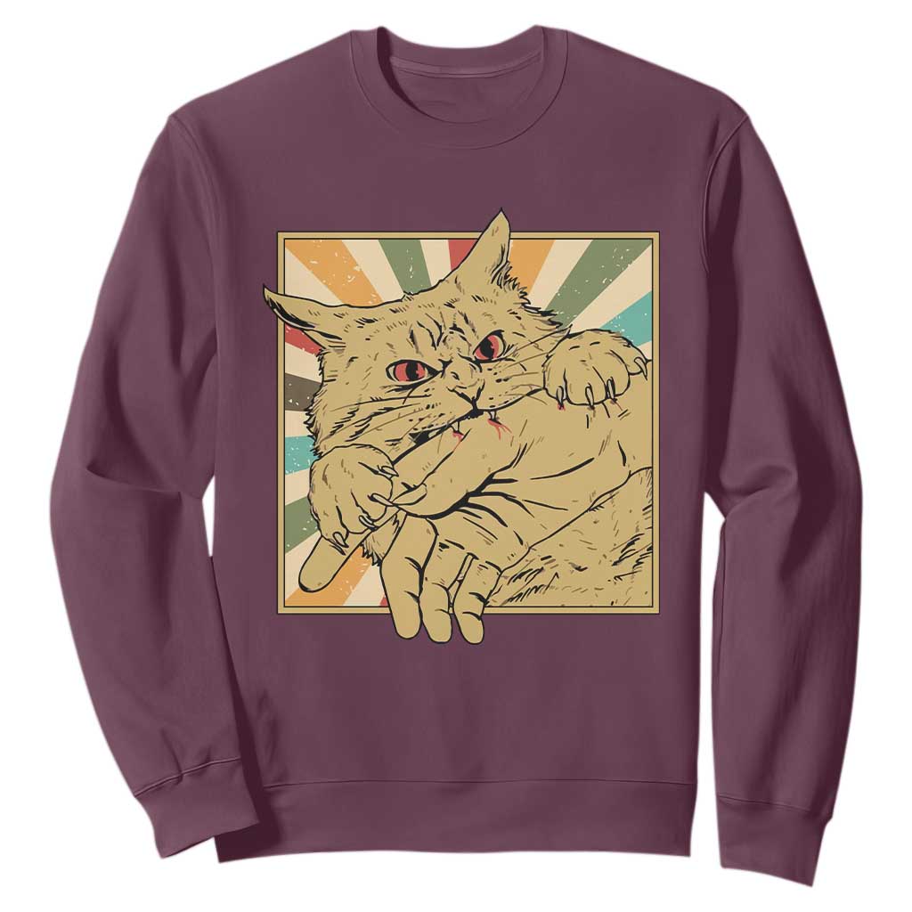 Funny Cat Bite Horror Anime Crazy Kitten Japanese Sweatshirt TS11 Maroon Print Your Wear