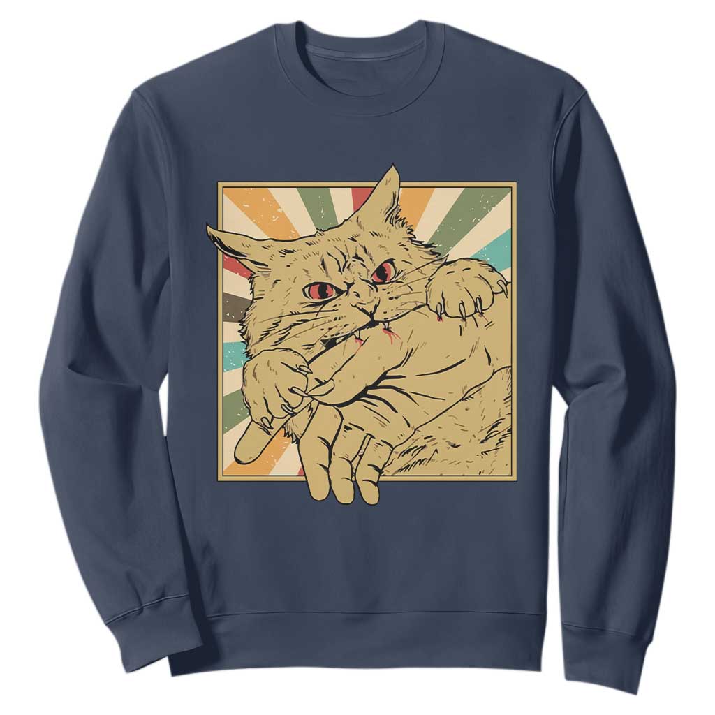 Funny Cat Bite Horror Anime Crazy Kitten Japanese Sweatshirt TS11 Navy Print Your Wear