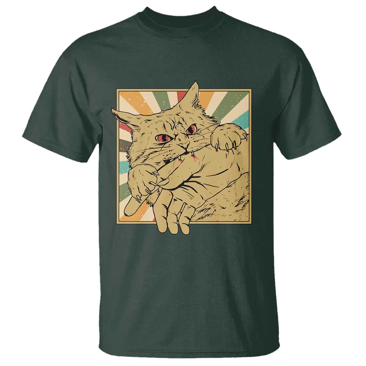 Funny Cat Bite Horror Anime Crazy Kitten Japanese T Shirt TS11 Dark Forest Green Print Your Wear