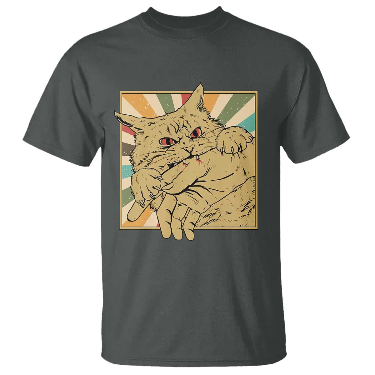 Funny Cat Bite Horror Anime Crazy Kitten Japanese T Shirt TS11 Dark Heather Print Your Wear