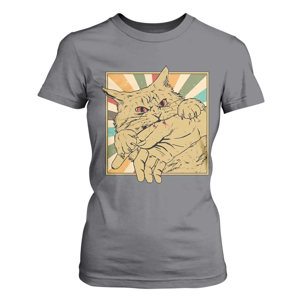Funny Cat Bite Horror Anime Crazy Kitten Japanese T Shirt For Women TS11 Charcoal Print Your Wear