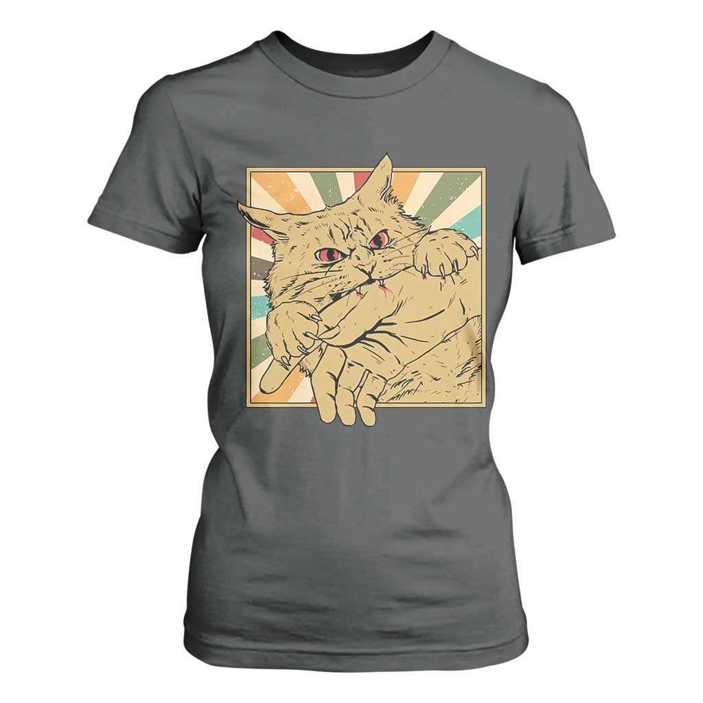 Funny Cat Bite Horror Anime Crazy Kitten Japanese T Shirt For Women TS11 Dark Heather Print Your Wear