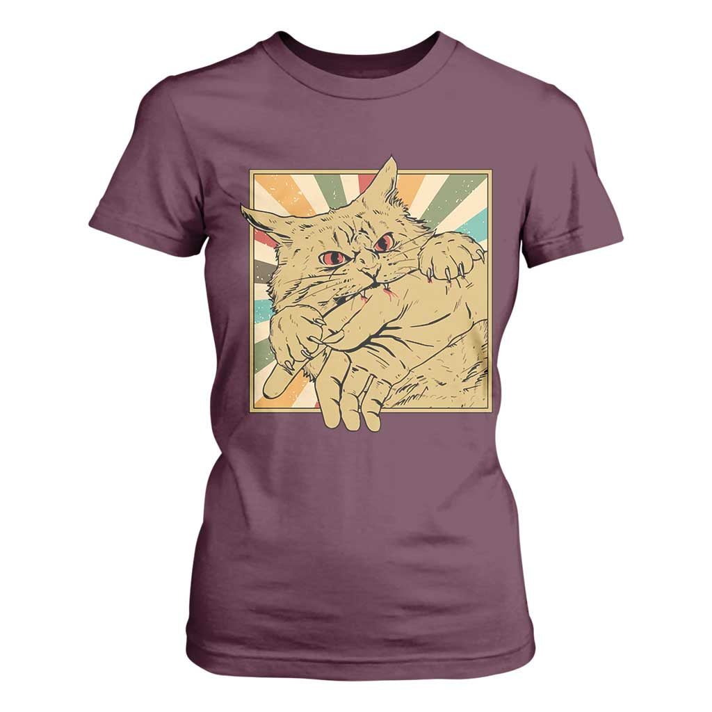 Funny Cat Bite Horror Anime Crazy Kitten Japanese T Shirt For Women TS11 Maroon Print Your Wear