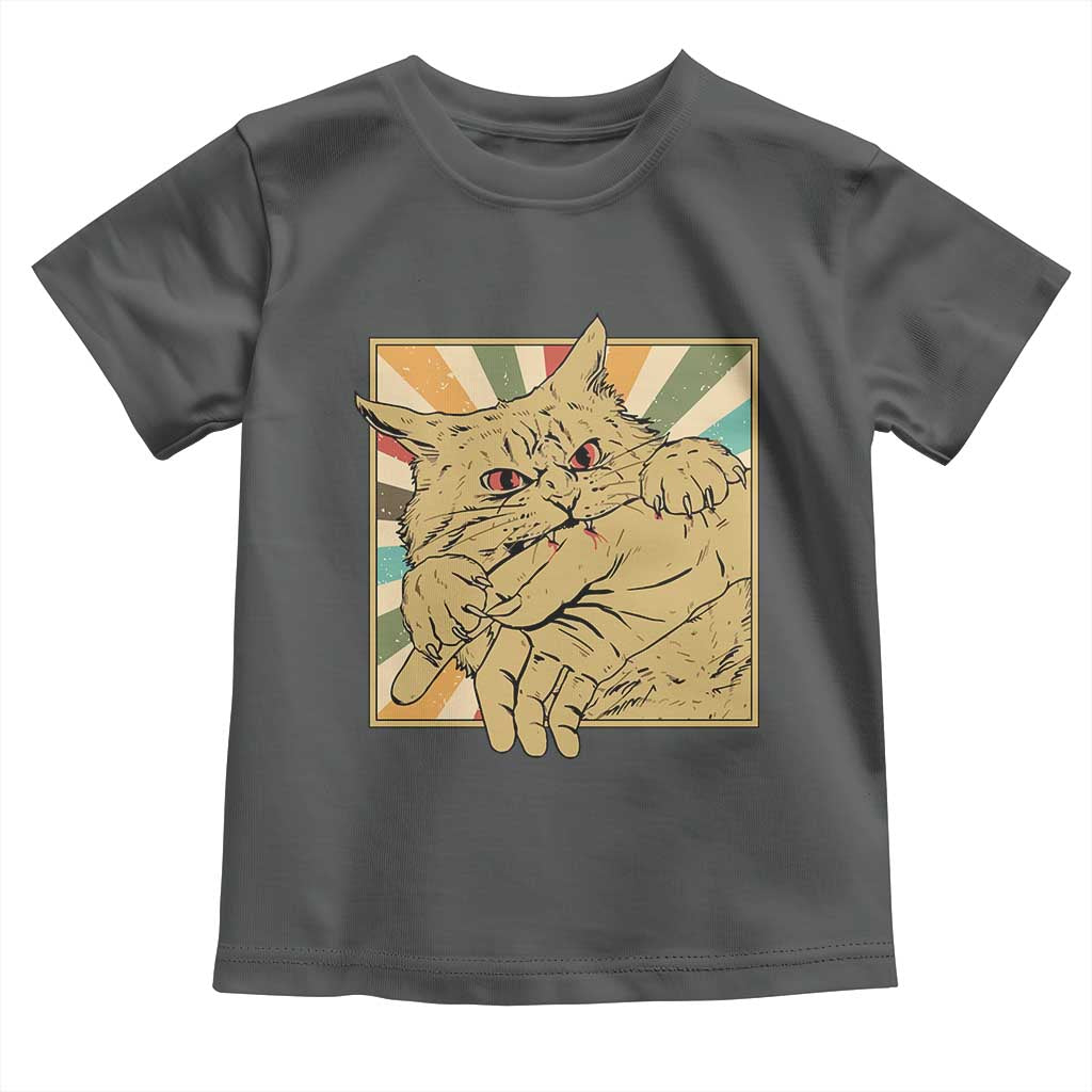 Funny Cat Bite Horror Anime Crazy Kitten Japanese Toddler T Shirt TS11 Dark Heather Print Your Wear