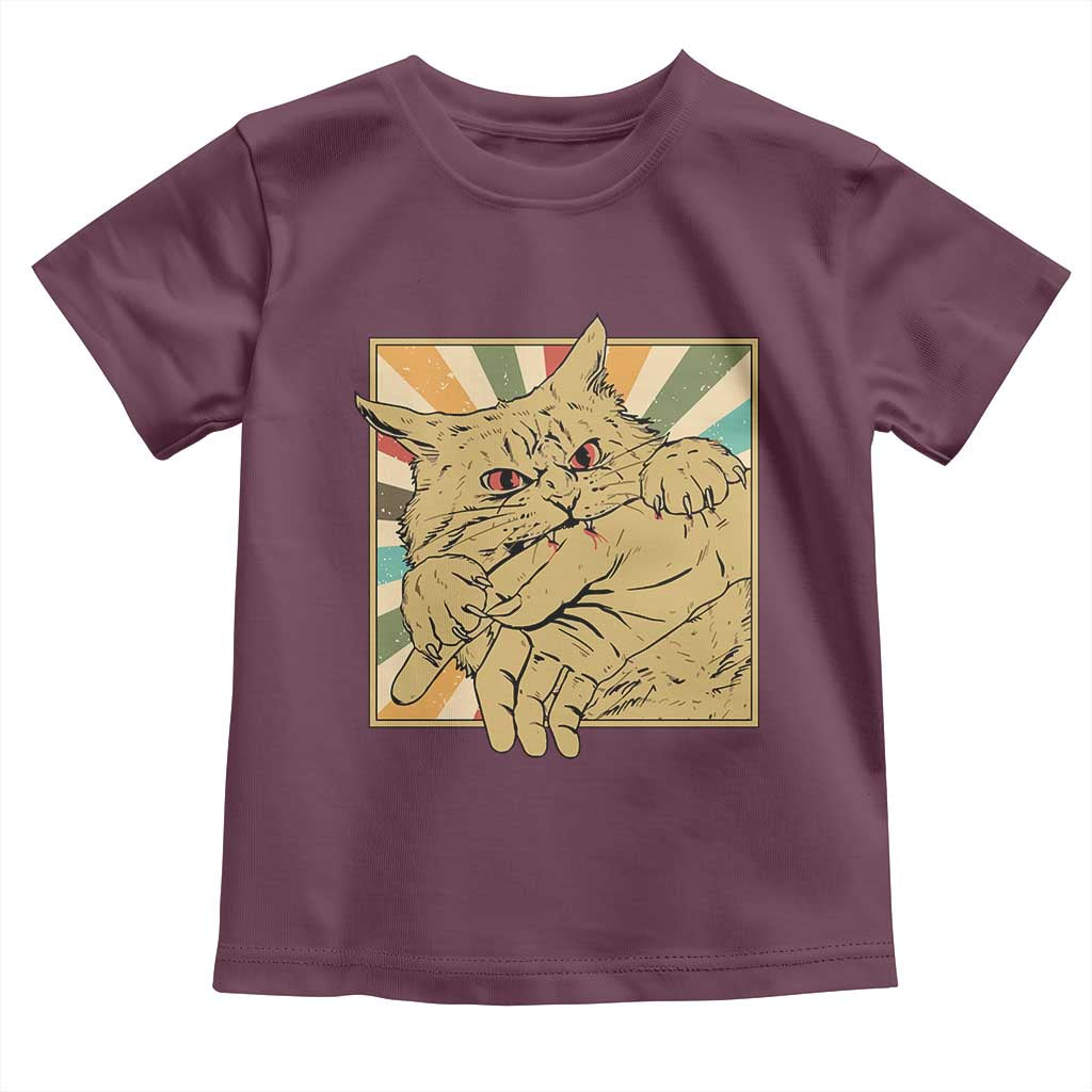 Funny Cat Bite Horror Anime Crazy Kitten Japanese Toddler T Shirt TS11 Maroon Print Your Wear