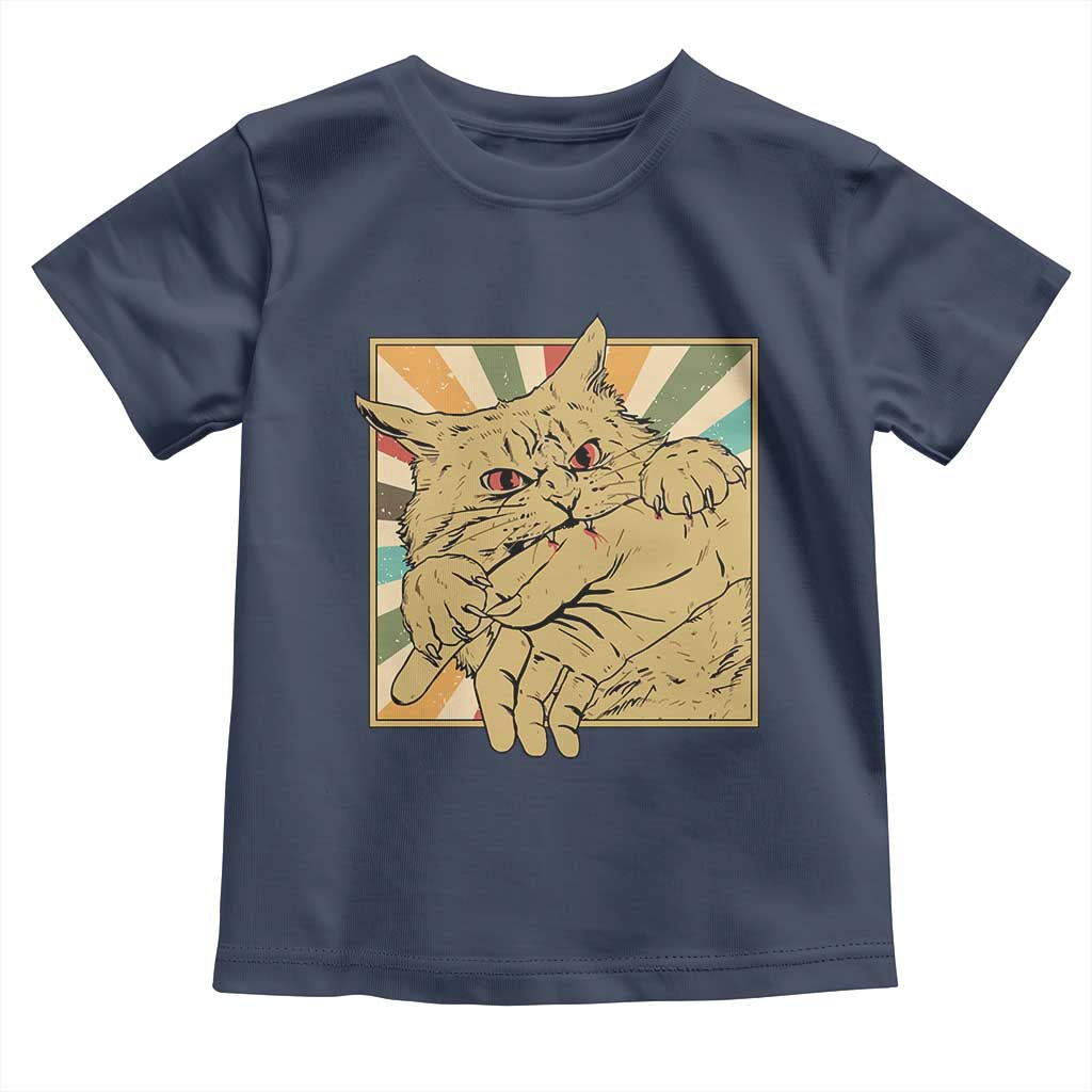 Funny Cat Bite Horror Anime Crazy Kitten Japanese Toddler T Shirt TS11 Navy Print Your Wear