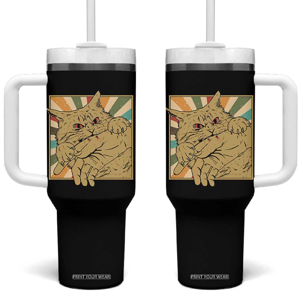 Funny Cat Bite Horror Anime Crazy Kitten Japanese Tumbler With Handle TS11 One Size: 40 oz Black Print Your Wear