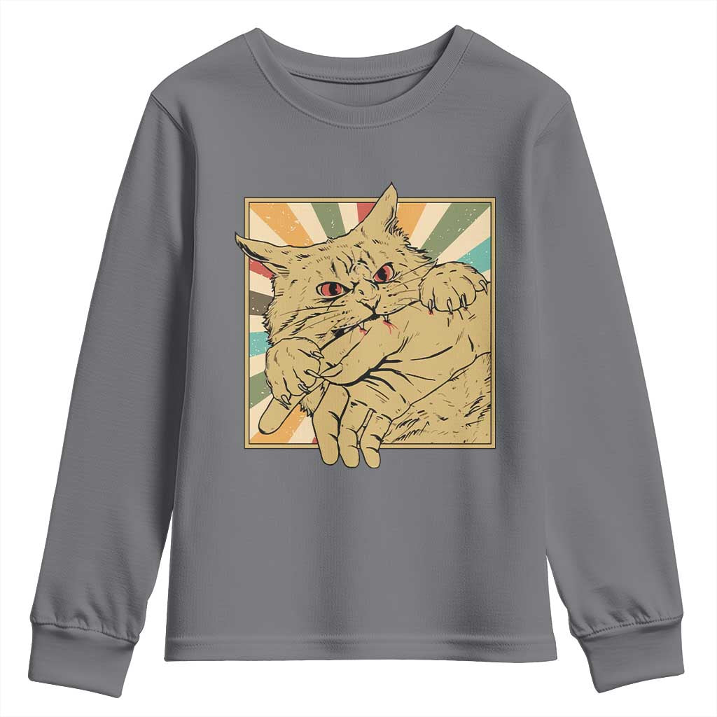 Funny Cat Bite Horror Anime Crazy Kitten Japanese Youth Sweatshirt TS11 Charcoal Print Your Wear