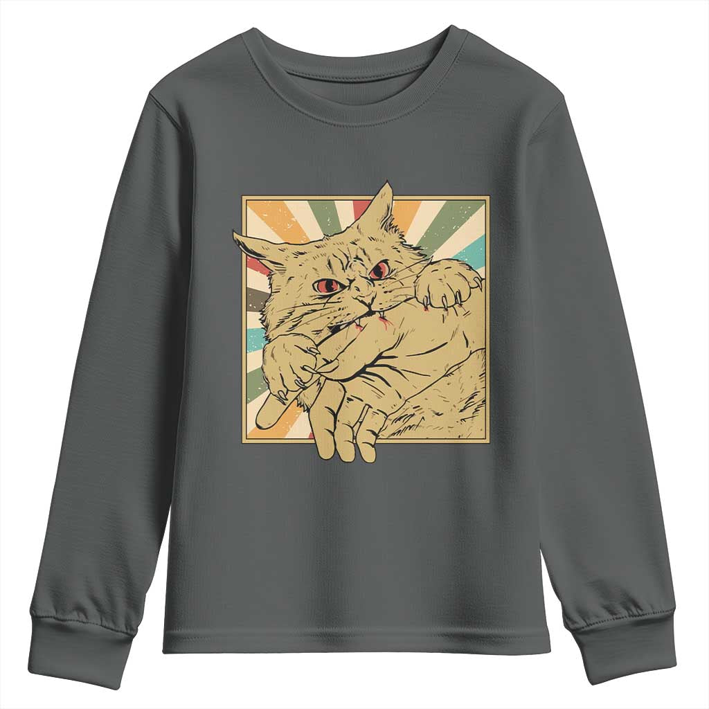 Funny Cat Bite Horror Anime Crazy Kitten Japanese Youth Sweatshirt TS11 Dark Heather Print Your Wear