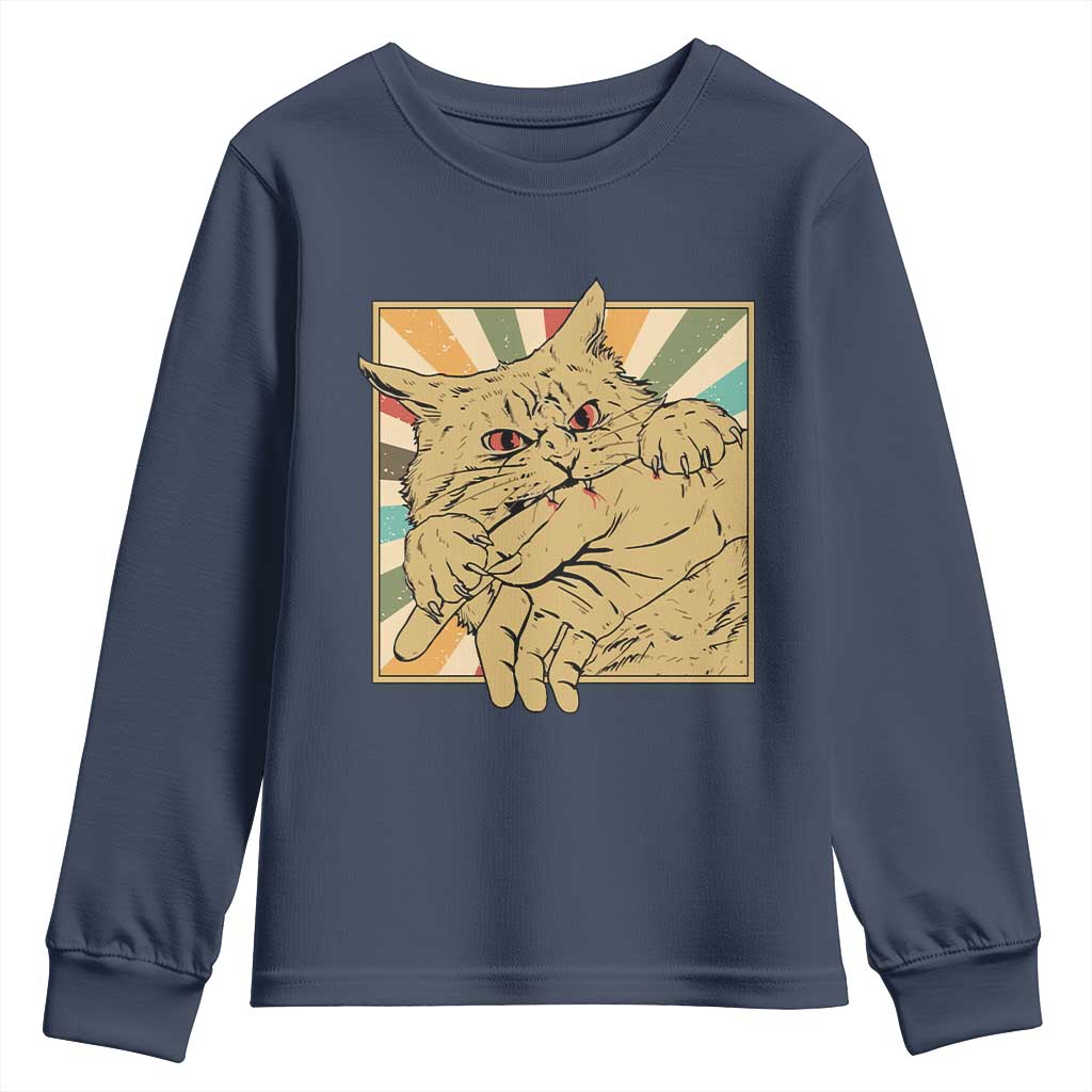 Funny Cat Bite Horror Anime Crazy Kitten Japanese Youth Sweatshirt TS11 Navy Print Your Wear