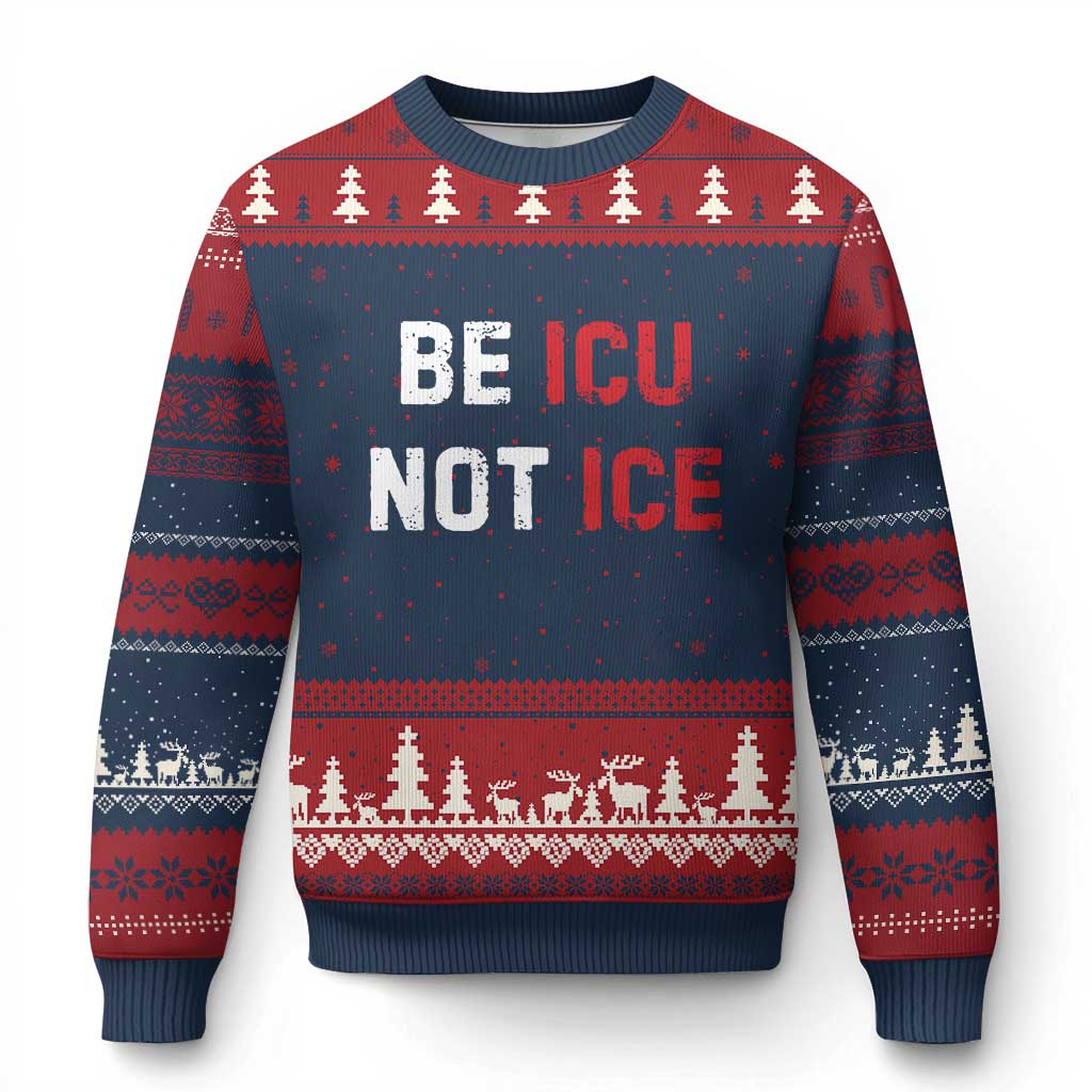 Be ICU Not ICE Ugly Christmas Sweater Alex Pretti Memorial Tribute Minneapolis 2026 TS11 Navy Red Print Your Wear