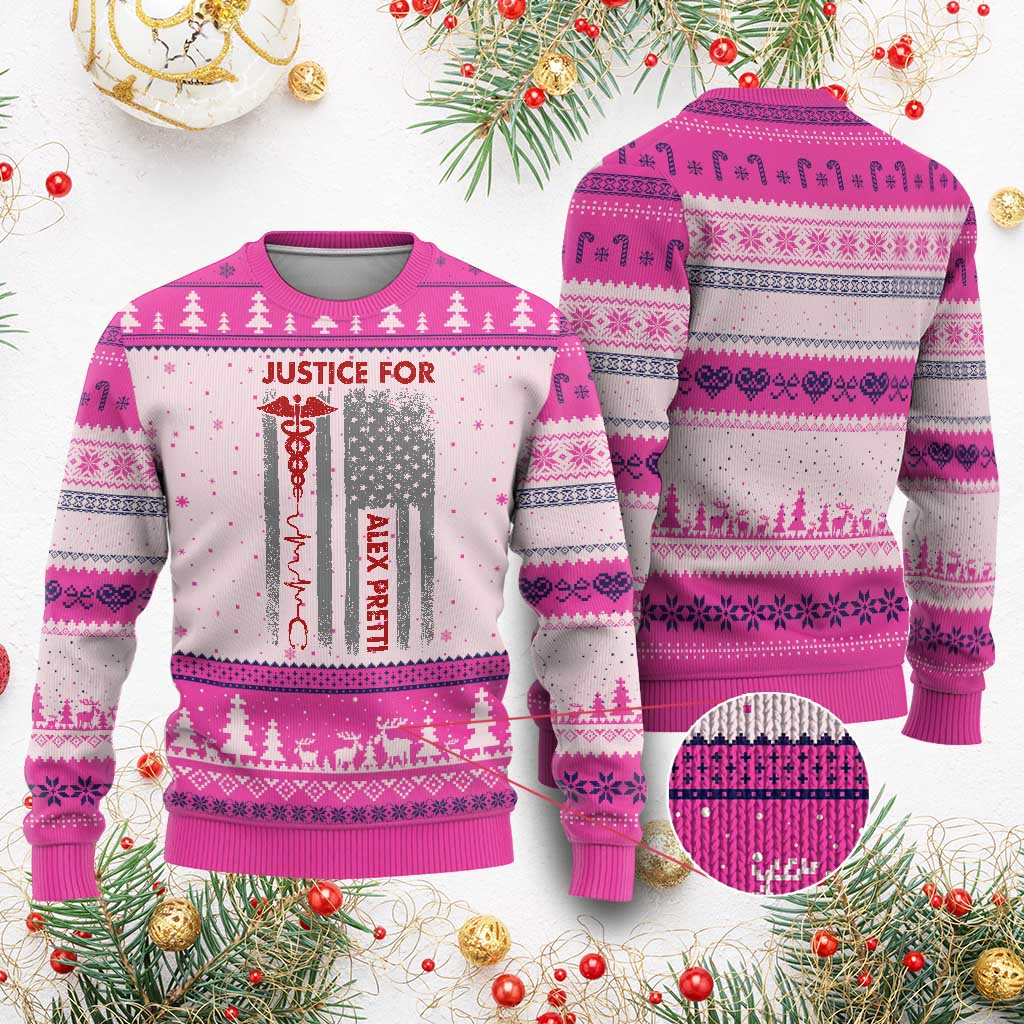 Justice For Alex Pretti Ugly Christmas Sweater Minneapolis Tribute 2026 ICU Nurse American Flag TS11 Hot Pink Print Your Wear