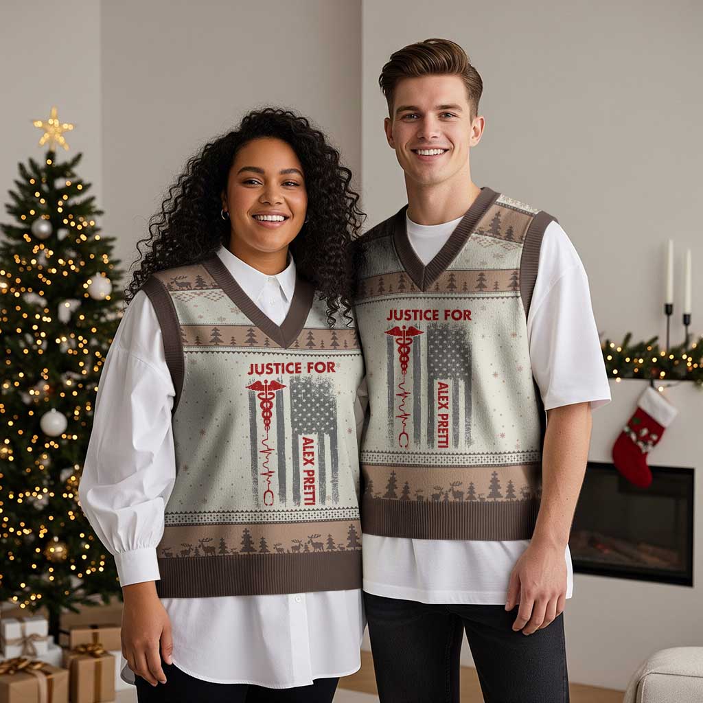 Justice For Alex Pretti V-Neck Knit Sweater Vest Minneapolis Tribute 2026 ICU Nurse American Flag TS11 Mocha Mousse Print Your Wear
