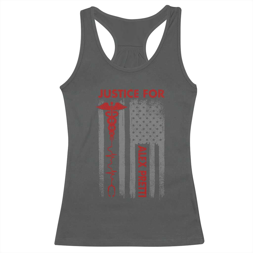 Justice For Alex Pretti Racerback Tank Top Minneapolis Tribute 2026 ICU Nurse American Flag TS11 Dark Heather Print Your Wear