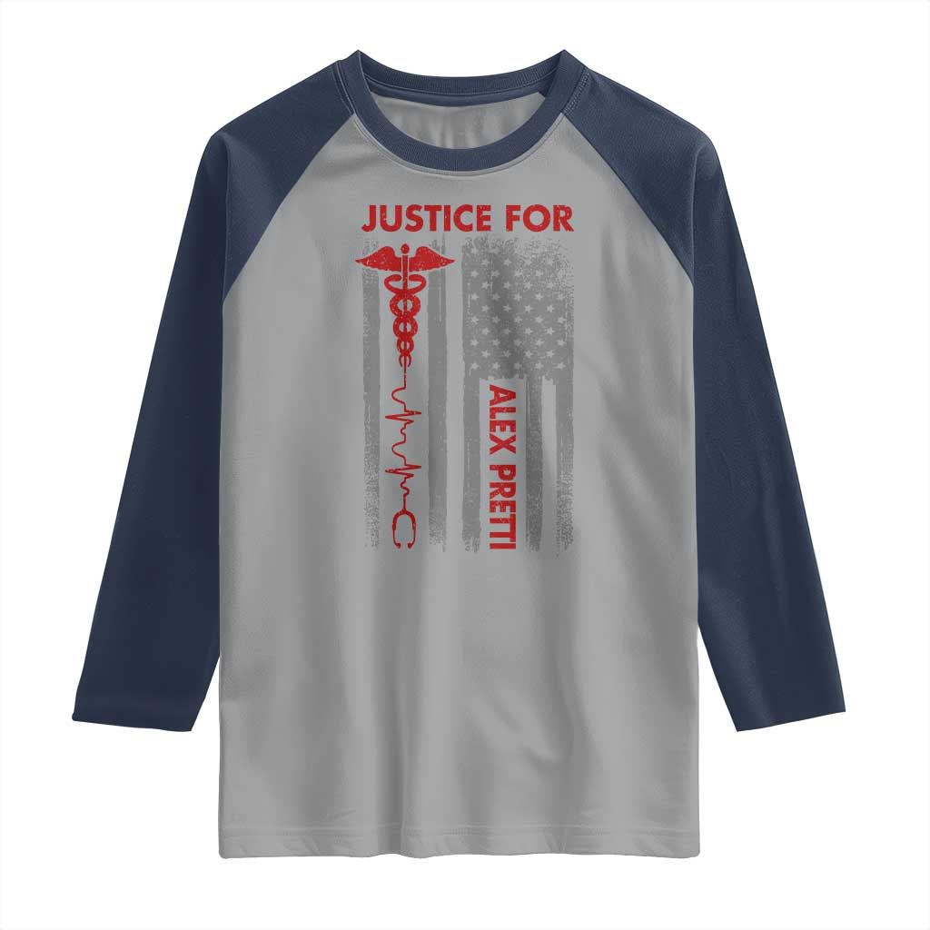 Justice For Alex Pretti Raglan Shirt Minneapolis Tribute 2026 ICU Nurse American Flag TS11 Sport Gray Navy Print Your Wear