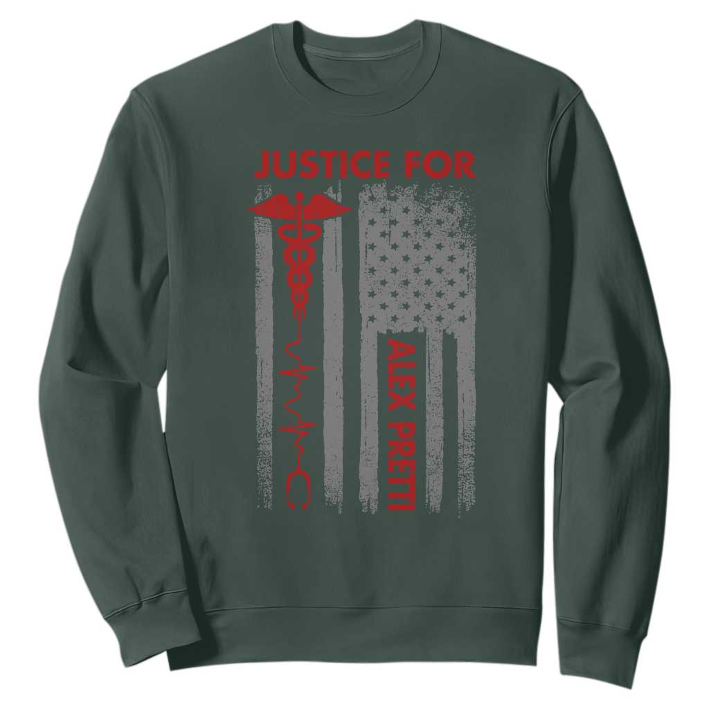 Justice For Alex Pretti Sweatshirt Minneapolis Tribute 2026 ICU Nurse American Flag TS11 Dark Forest Green Print Your Wear