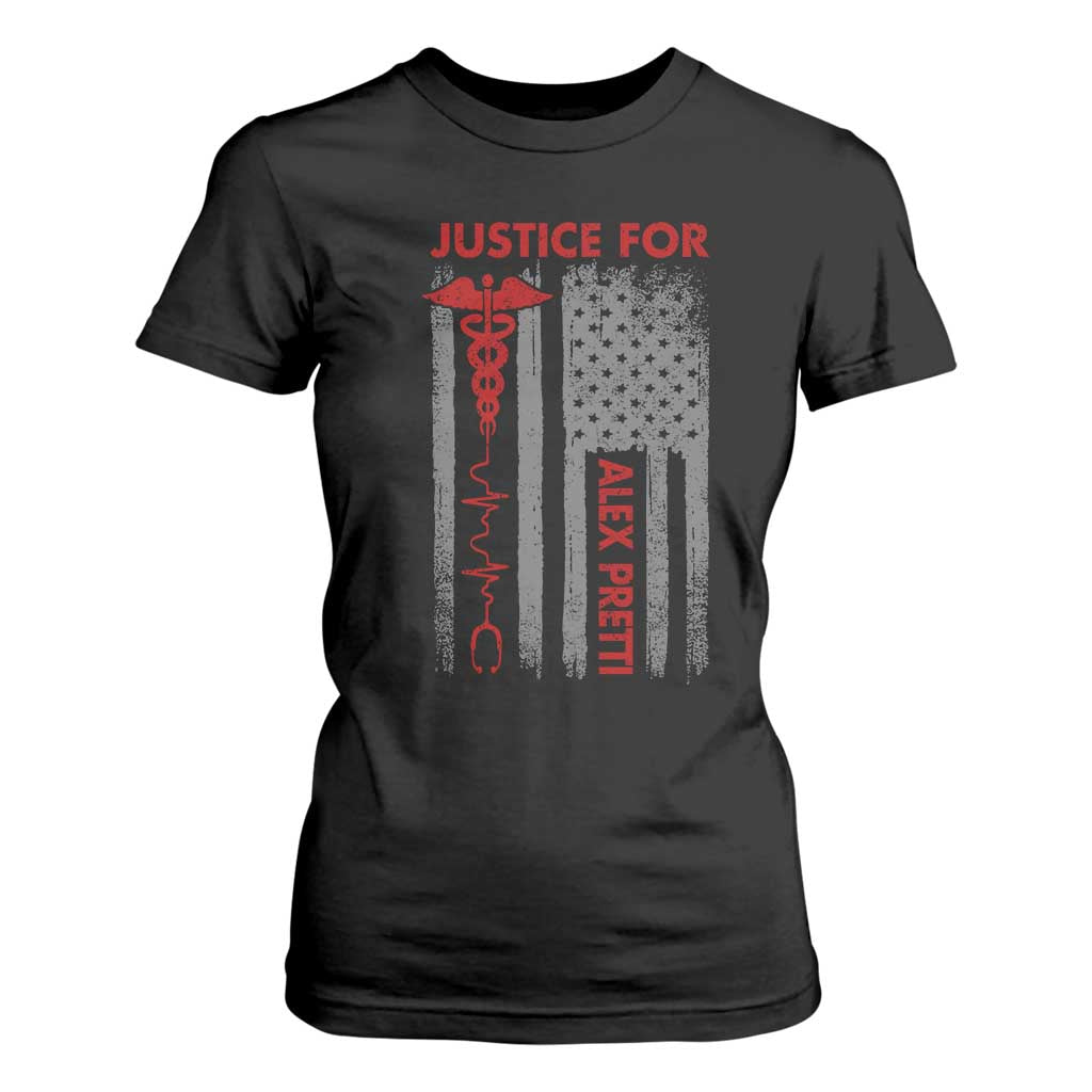 Justice For Alex Pretti T Shirt For Women Minneapolis Tribute 2026 ICU Nurse American Flag TS11 Black Print Your Wear