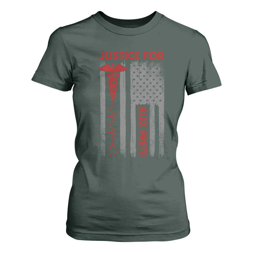 Justice For Alex Pretti T Shirt For Women Minneapolis Tribute 2026 ICU Nurse American Flag TS11 Dark Forest Green Print Your Wear