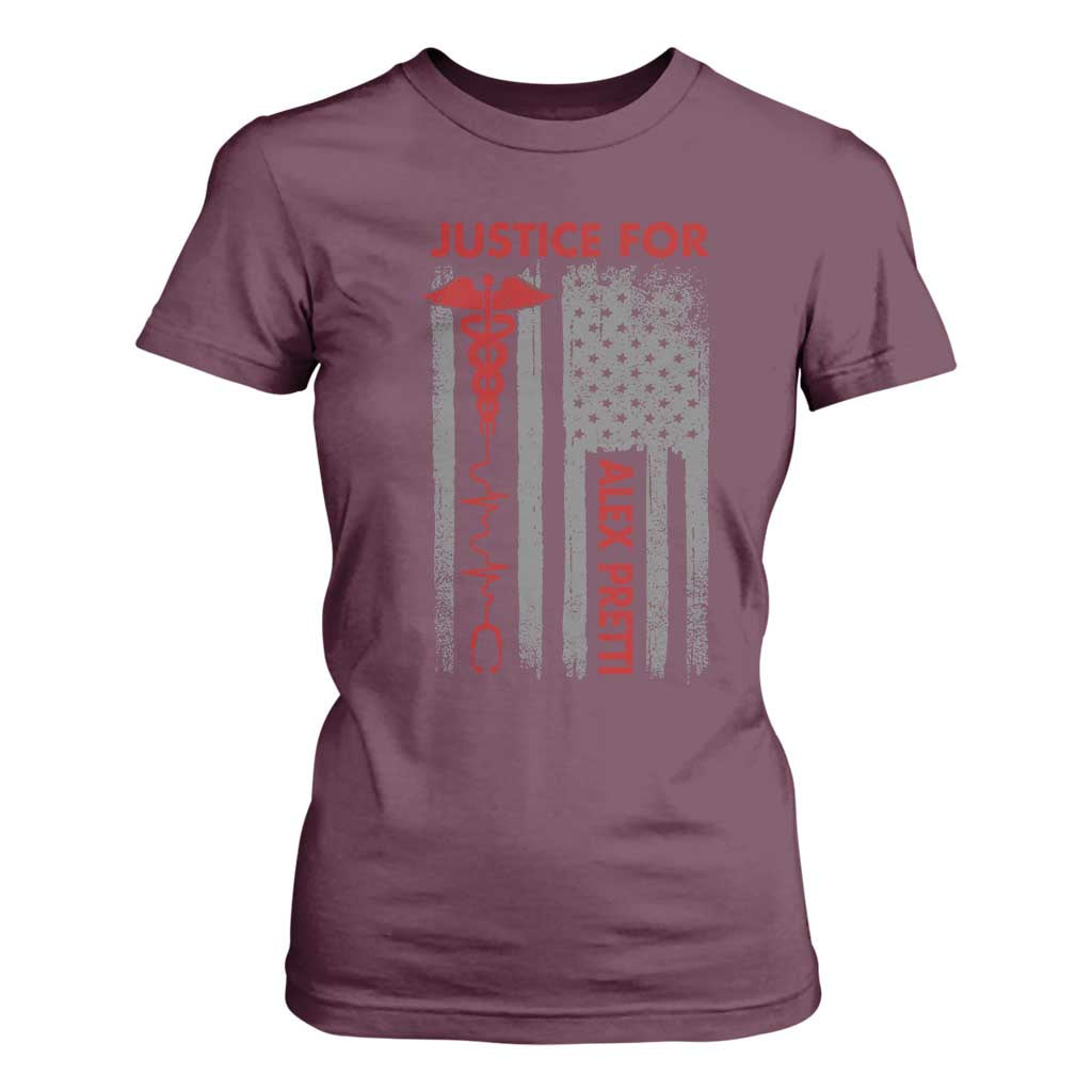 Justice For Alex Pretti T Shirt For Women Minneapolis Tribute 2026 ICU Nurse American Flag TS11 Maroon Print Your Wear