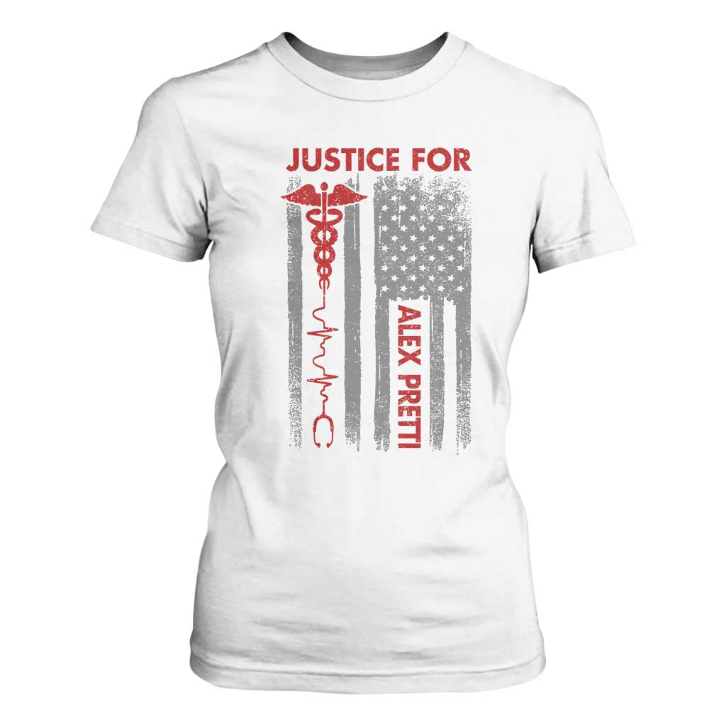 Justice For Alex Pretti T Shirt For Women Minneapolis Tribute 2026 ICU Nurse American Flag TS11 White Print Your Wear