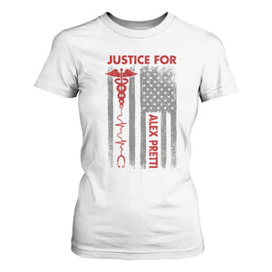 Justice For Alex Pretti T Shirt For Women Minneapolis Tribute 2026 ICU Nurse American Flag TS11 White Print Your Wear