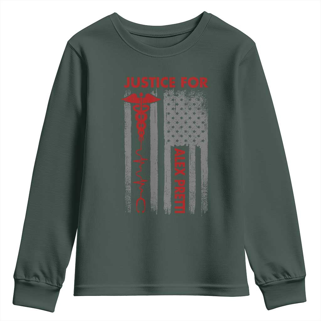 Justice For Alex Pretti Youth Sweatshirt Minneapolis Tribute 2026 ICU Nurse American Flag TS11 Dark Forest Green Print Your Wear
