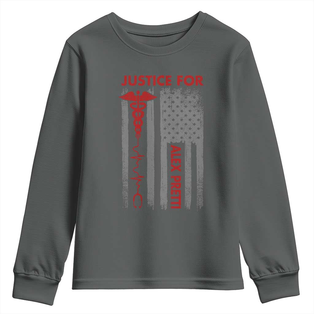 Justice For Alex Pretti Youth Sweatshirt Minneapolis Tribute 2026 ICU Nurse American Flag TS11 Dark Heather Print Your Wear
