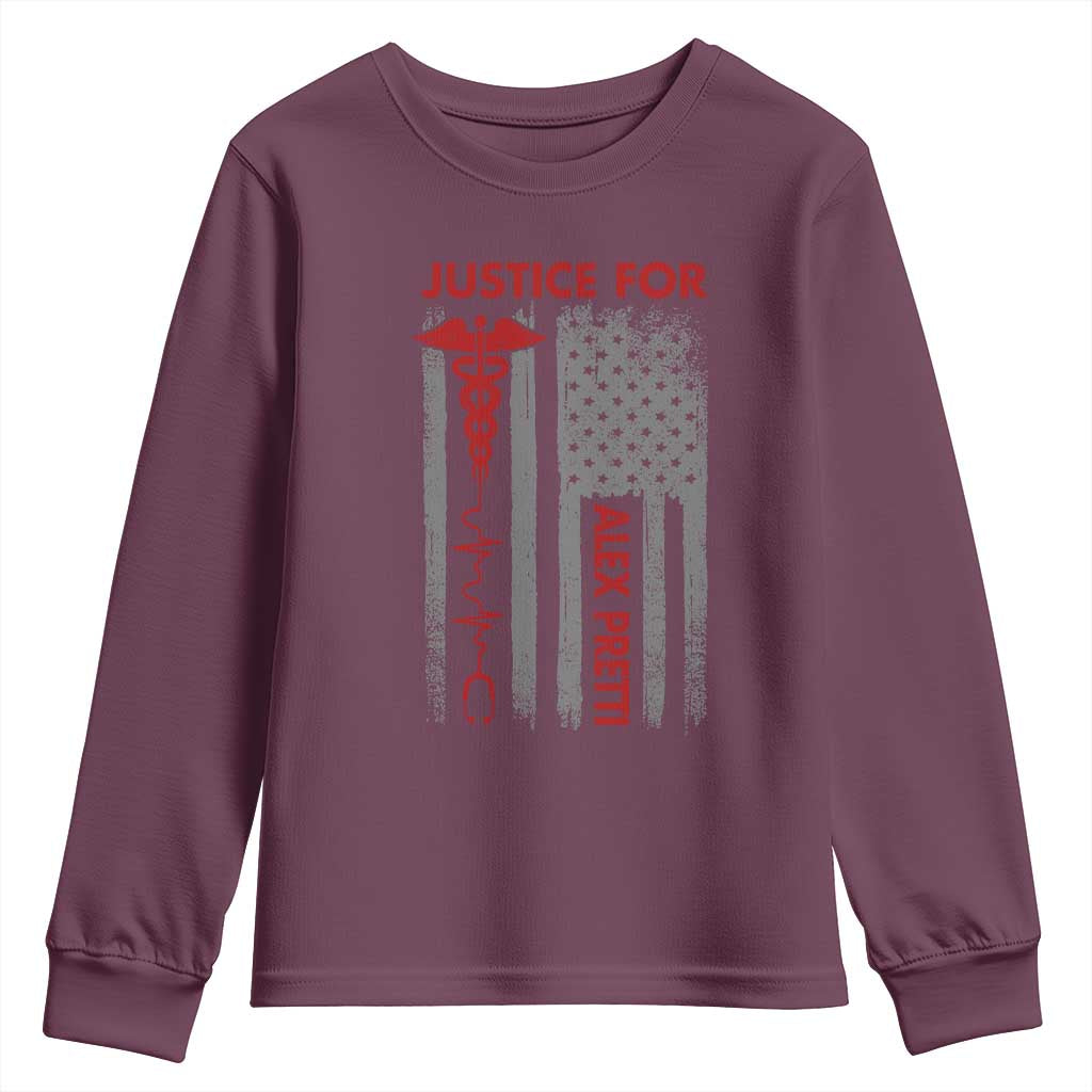 Justice For Alex Pretti Youth Sweatshirt Minneapolis Tribute 2026 ICU Nurse American Flag TS11 Maroon Print Your Wear
