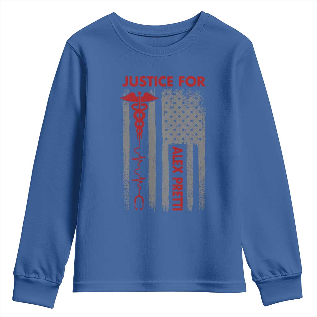 Justice For Alex Pretti Youth Sweatshirt Minneapolis Tribute 2026 ICU Nurse American Flag TS11 Royal Blue Print Your Wear