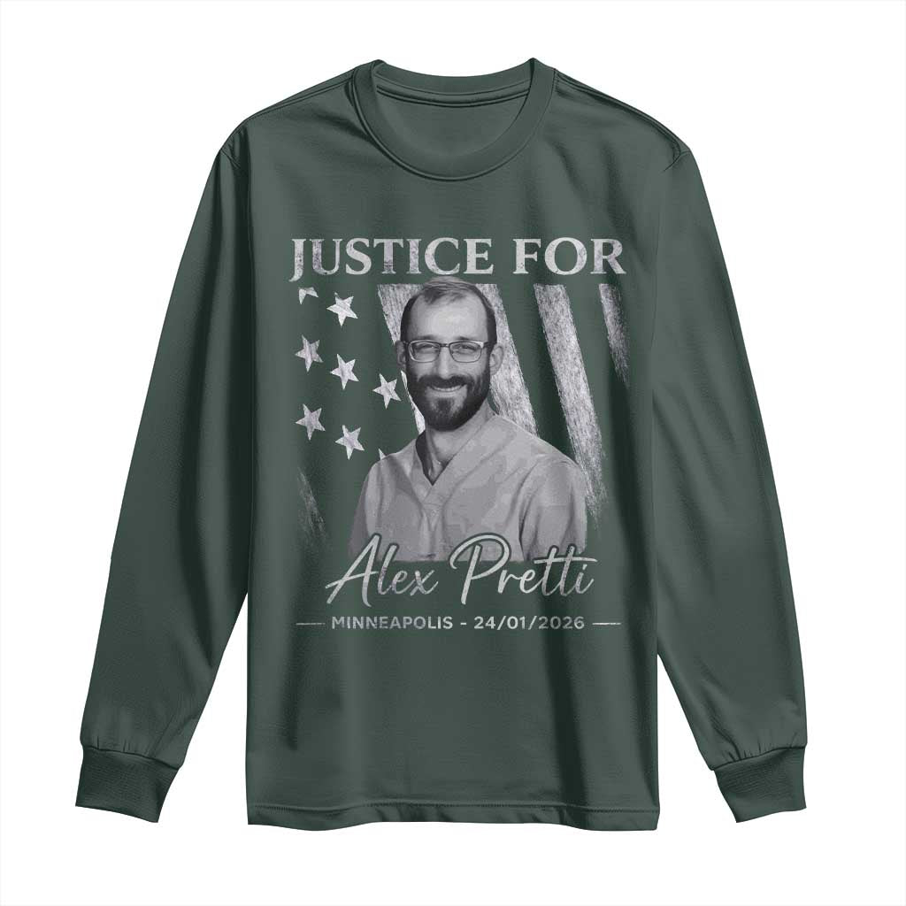 Justice For Alex Pretti Long Sleeve Shirt Minneapolis Tribute 2026 Vintage American Flag TS11 Dark Forest Green Print Your Wear