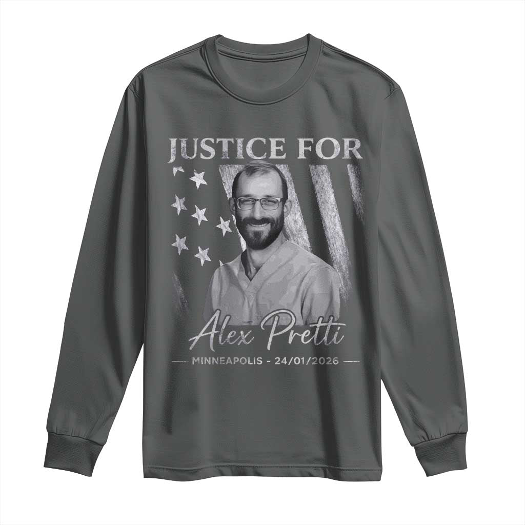 Justice For Alex Pretti Long Sleeve Shirt Minneapolis Tribute 2026 Vintage American Flag TS11 Dark Heather Print Your Wear